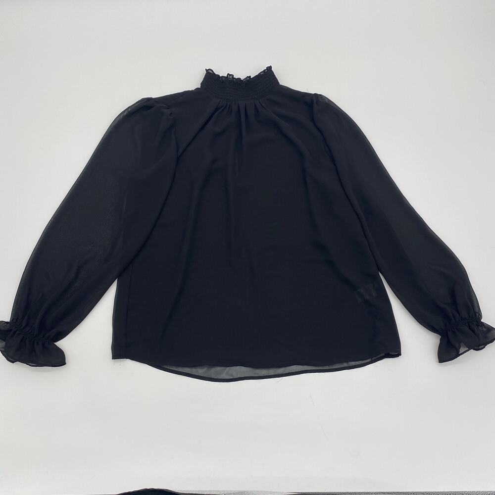 1. STATE Black Sheer Smocked High Neck Long Sleeve Pullover Blouse Size S Goth